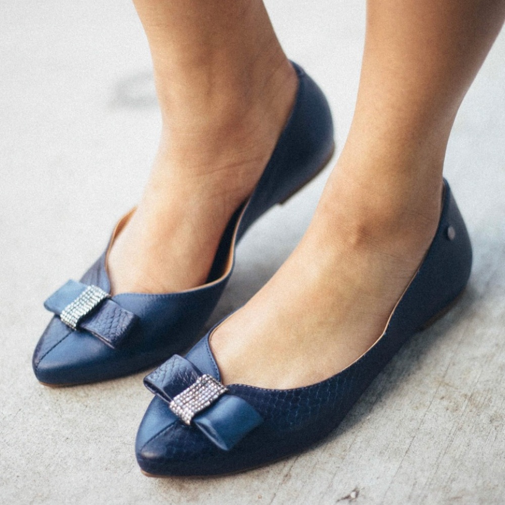 New Blue Leather Embellished Ballet Flats